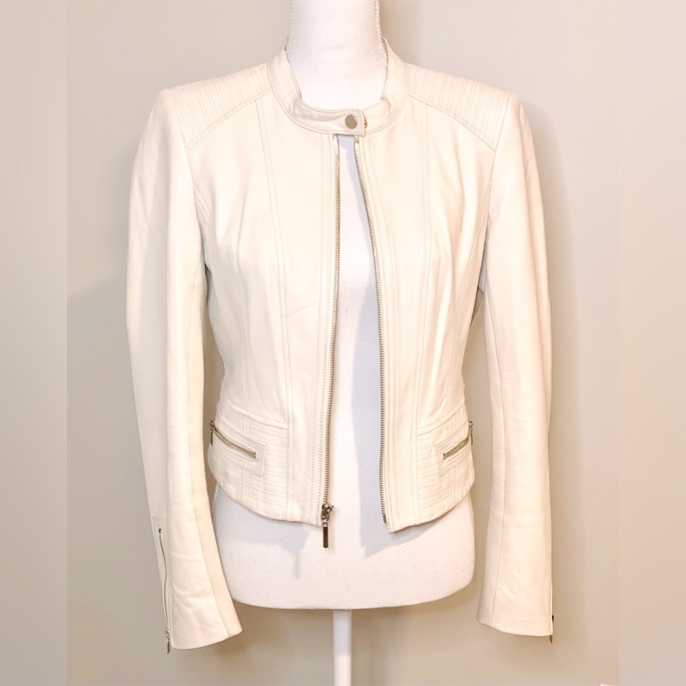 White House Black Market Genuine Leather Cropped Moto Jacket Ivory Small
